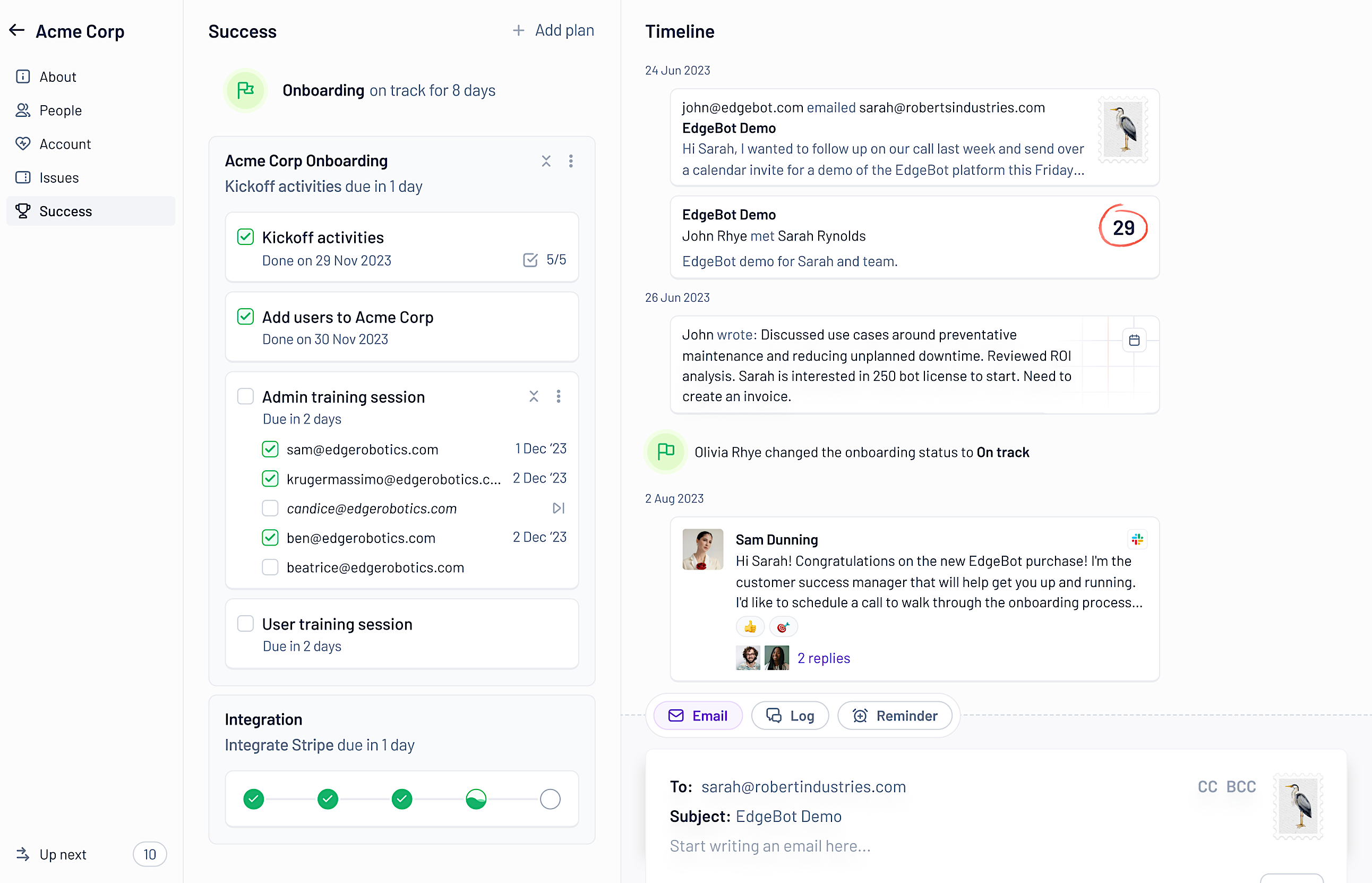 An account profile screen, showing an onboarding status and a customer timeline.